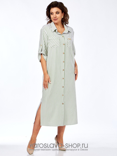 Женское платье-рубашка белого цвета в светло-зеленую полоску