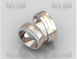 Двухцветные широкие обручальные кольца с двумя дорожками бриллиантов в женском кольце