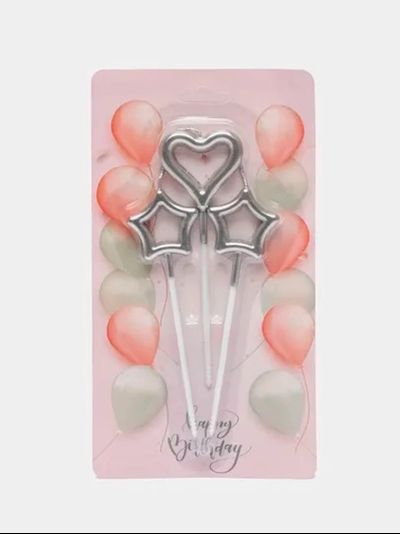 Набор свечей для торта &quot;Сердце и звезды&quot; (серебро, 3 шт)