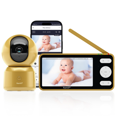 Wi-Fi видеоняня Ramili Baby RV1500GOLD с повышенной дальностью (монитор-камера до 300 м), монитор 5" и 1 поворотная видеокамера, просмотр через мобильные устройства по сервису р2р, DVR, Full HD 2 Mp