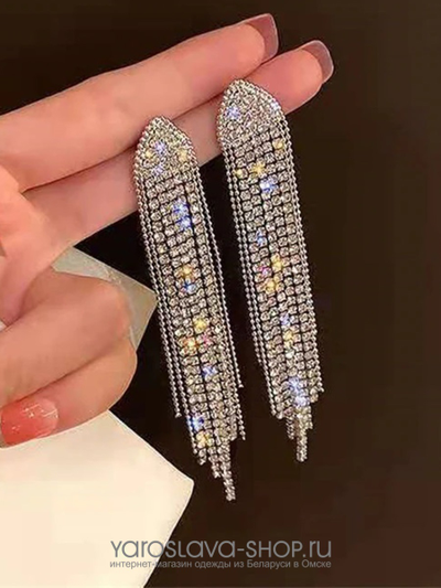Серьги-пусеты, длинные кисточки со стразами