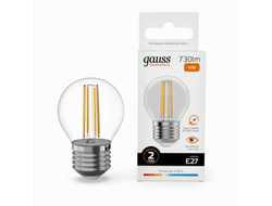 Лампа Gauss Elementary Filament Шар Е27 12W(730lm) 2700К 76х45 филамент (нитевидная), прозр 52212