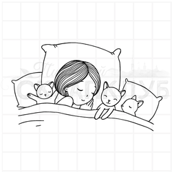 штамп девочка с кошкой спит на подушке