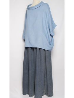 БЛУЗА ЛЁН "КИМОНО ХОМУТ" т.голубая, голубая до р.56