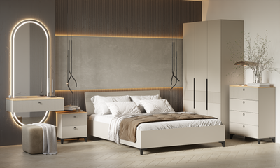 Ника спальный гарнитур модульный мдф бежевый мат-05 / лдсп кашемир + дуб делано