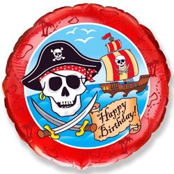 Шар (18&#039;&#039;/46 см) Круг, С Днем рождения (пират) , Красный, 1 шт.