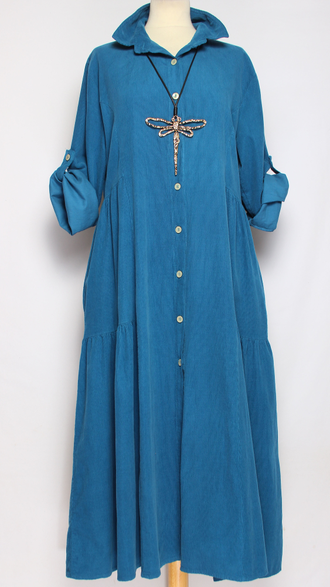 Платье-рубашка Бохо "Вельвет карманы ярусы" изумруд, бирюза до р.52