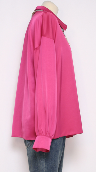 РУБАШКА БОХО "ШЁЛК  АТЛАСНЫЙ " фуксия, малахит, чёрная р.48-54