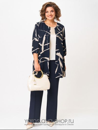 Модель: 24234.Нарядный брючный комплект в синем цвете с бежевой блузкой