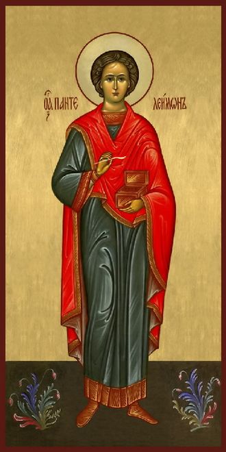 Пантелеимон (Пантелеймон) Целитель, святой великомученик. Рукописная православная мерная икона.