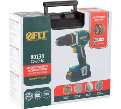 Аккумуляторная дрель-шуруповерт FIT 20,0 В, 0-400/1400 об/мин, 50,0 Нм, 2 Li-Ion 2,0 Ач, 1,5 ч, бесщеточный, резкий наклон, кейс 80130