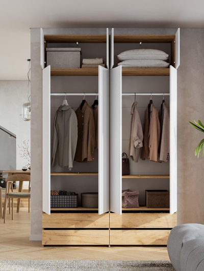 Абрау Шкаф четырехстворчатый с ящиками и антресолью Дуб золотой/Белый