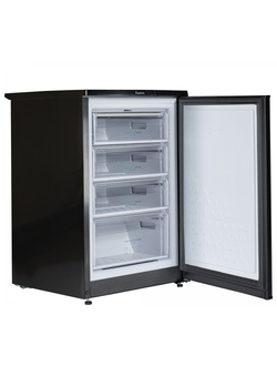 Вертикальная морозильная камера, цвет черный, четыре выдвижных ящика.