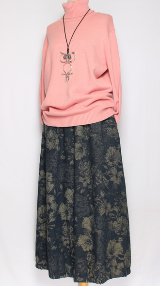 ЮБКА-БРЮКИ джинс-гобелен "ЗАЩИПЫ крупный цветок" синяя р.46-54