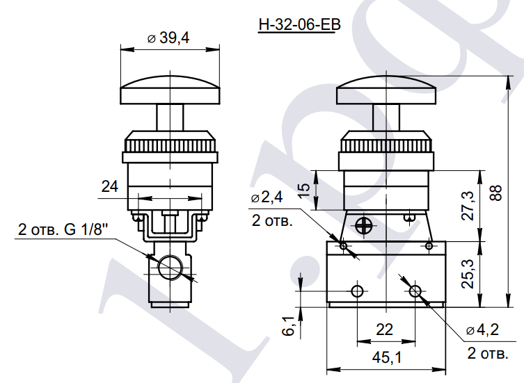 Габаритные и присоединительные размеры 3/2 пневмораспределителя  H-32-06-EB (MOV-03)