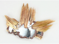 Редкость! Рутил свободного роста, сростки "звезды" золотистых игольчатых кристаллов на кристаллах гематита, Бразилия (31*23*4 мм, 2,8 г) №37921