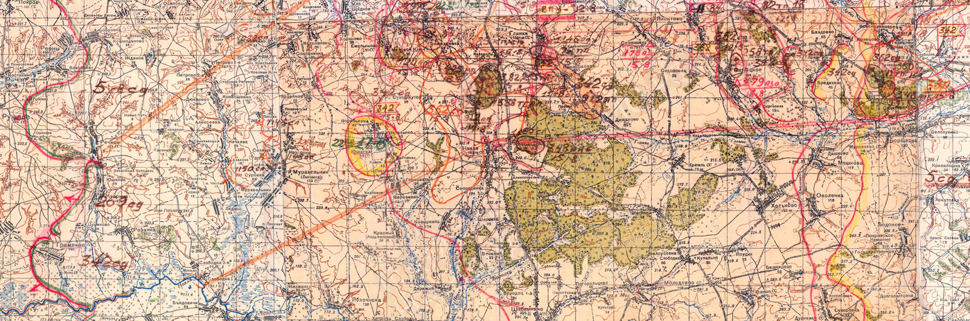 Фрагмент отчётной карты положения войск 3 А с 10.08.1943 по 20.08.1943 г. [ЦАМО, Фонд: 310, Опись: 4376, Дело: 163. Карта № 7].