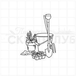Штамп ведро, лопата, вилы, рассада, мускари