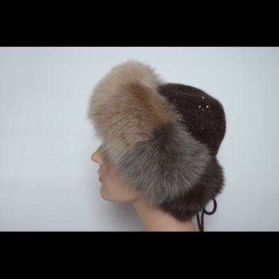 Вязаная женская шапка с мехом песца Vizio Италия 6725 CCP коричневая