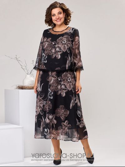 Модель:1-2544.Женское шифоновое платье  в черном цвете с цветочным принтом