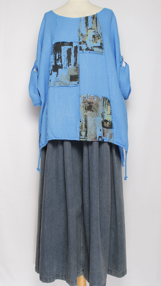 БЛУЗА ЛЁН КИМОНО "ГОРОД"голубая, морская волна, хаки до р.56