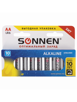 Батарейки КОМПЛЕКТ 10 шт., SONNEN Alkaline, АА (LR6, 15А), алкалиновые, пальчиковые, короб, 451086