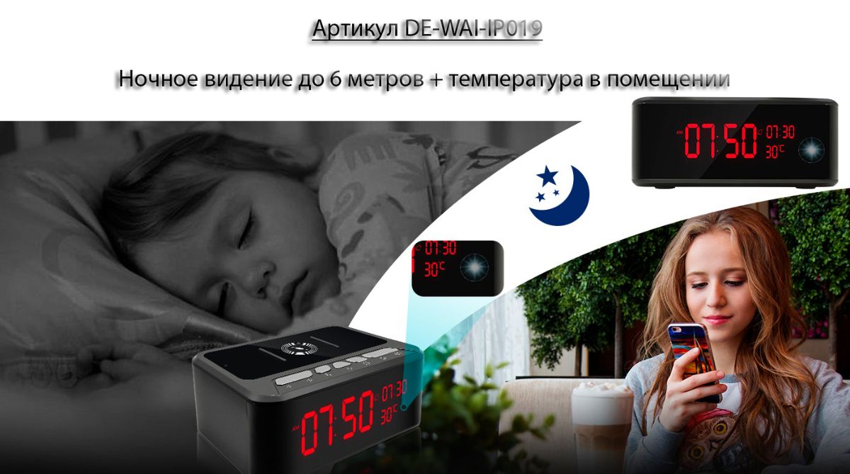 DE-WAI-IP019 - WiFi видеокамера + стерео колонка + информатор времени и температуры зарядная станция