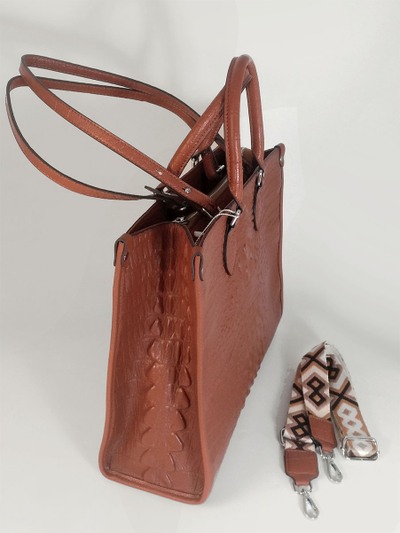 (АРТИКУЛ: 10104/1/5) СУМКА ЖЕНСКАЯ БОЛЬШАЯ, НАТУРАЛЬНАЯ КОЖА С ТИСНЕНИЕМ "КРОКОДИЛ", ЯРКО-КОРИЧНЕВАЯ, РУЧКИ И РЕМЕНЬ ЧЕРЕЗ ПЛЕЧО