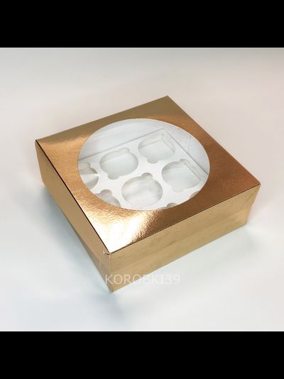 Коробка на 9 капкейков с окном (золото), 235*235*100мм