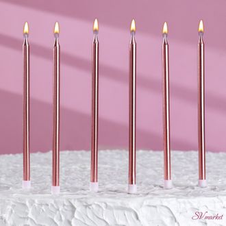 Свечи в торт &quot;Ройс&quot;, 6 шт, высокие, 13 см, розовый металлик