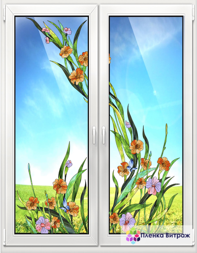 Витражная пленка, витражная пленка самоклеющаяся под заказ,пленочный витраж с цветочным рисунком