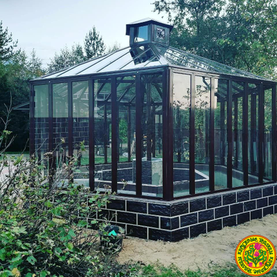 Крупный план стеклянной панели теплицы ЛОНДОН с алюминиевым профилем, демонстрирующий эстетичный