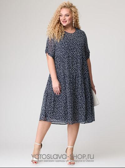 Модель : А-3870-3.Шифоновое темно-синее  платье свободного силуэта в мелкий цветочек.