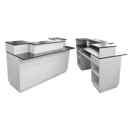 Тучков шоп. Торговое оборудование. Ресепшн. Стойка-ресепшен белая двухъярусная с полками и ящиком