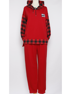 КОСТЮМ ХУДИ   И БРЮКИ  "КЛЕТКА" красный р.50-54