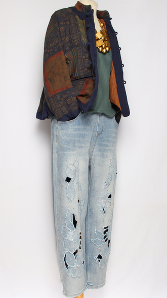 Жакет хлопок двойной "Строчёный узелки" синий до р.52