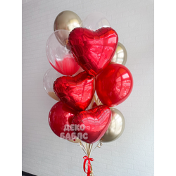 Пышный букет из воздушных шаров с красными сердцами золотыми хромированными и прозрачными шарами Тро