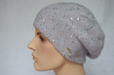 Лиловый вязаный женский берет с пайетками Vizio Италия 6917