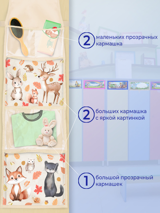 Кармашек на шкафчик Покетун прозрачный звери, 25*84 см