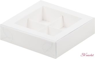Коробка Белая 4 конфеты с пластиковой крышкой 12*12*3см
