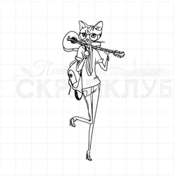 Штамп хипстер женщина кошка с гитарой