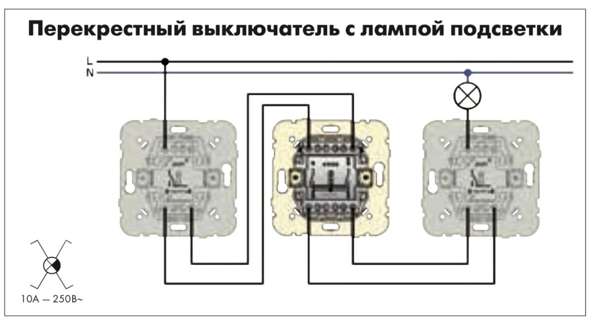 Схема подключения одноклавишного проходного выключателя с трех мест (перекрестный переключатель) с п
