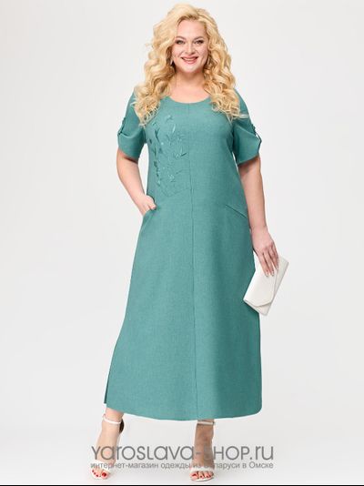 Модель : А-3838. Бирюзовое льняное платье с вышивкой.