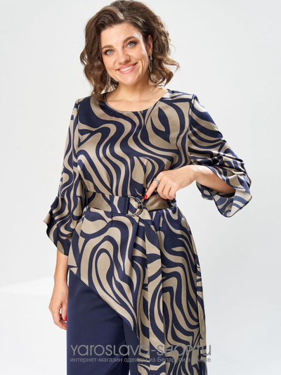 Нарядный женский 2-х предметный костюм, состоящий из ассиметричной туники и брюк