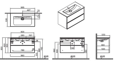 Шкаф Vitra Metropole Edge c 2 ящиками,  подсветкой в верхнем ящике, 100 см с, цвет ореховое дерево, 67156