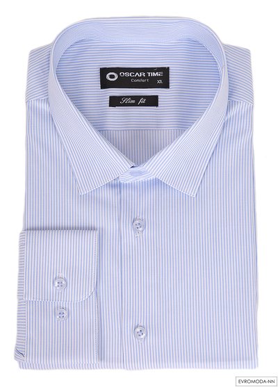Рубашка мужская белая в голубую полоску Оскар-time легкая глажка (Slim Fit) приталенная, Турция