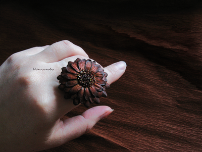 Необычное кольцо "Медная Календула" из полимерной глины. Серия колец-цветов из коллекции волшебных украшений Винсенто