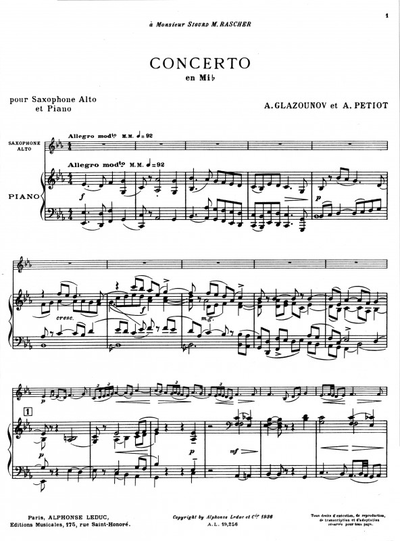 Glazounov: Concerto In E Flat For Saxophone And Orchestra Op.109