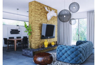 Стеновая панель из массива дуба "Панели разбежка широкие/узкие" (артикул 1012-ST) в интерьере гостиной