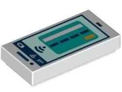 Tile 1 x 2 with Smartphone with Dark Turquoise Debit / Credit Card and Dark Blue Signal Strength on Light Aqua Screen Pattern, White (3069pb1062 / 6416469)